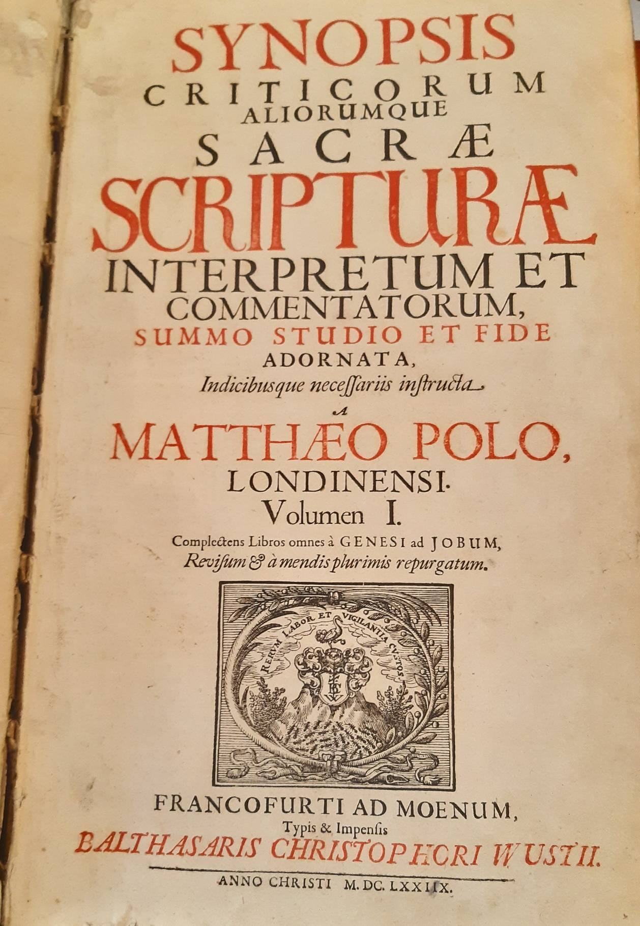 POOLE, MATTHEW (1624-1679). Synopsis criticorum aliorumque Sacrae Scripturae interpretum et commentatorum. 5 parts in 3 vols. Complete set.