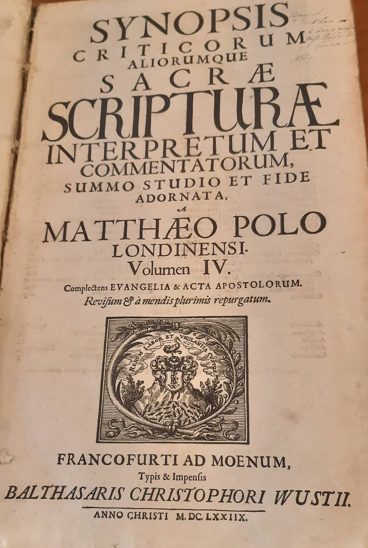 POOLE, MATTHEW (1624-1679). Synopsis criticorum aliorumque Sacrae Scripturae interpretum et commentatorum. 5 parts in 3 vols. Complete set.