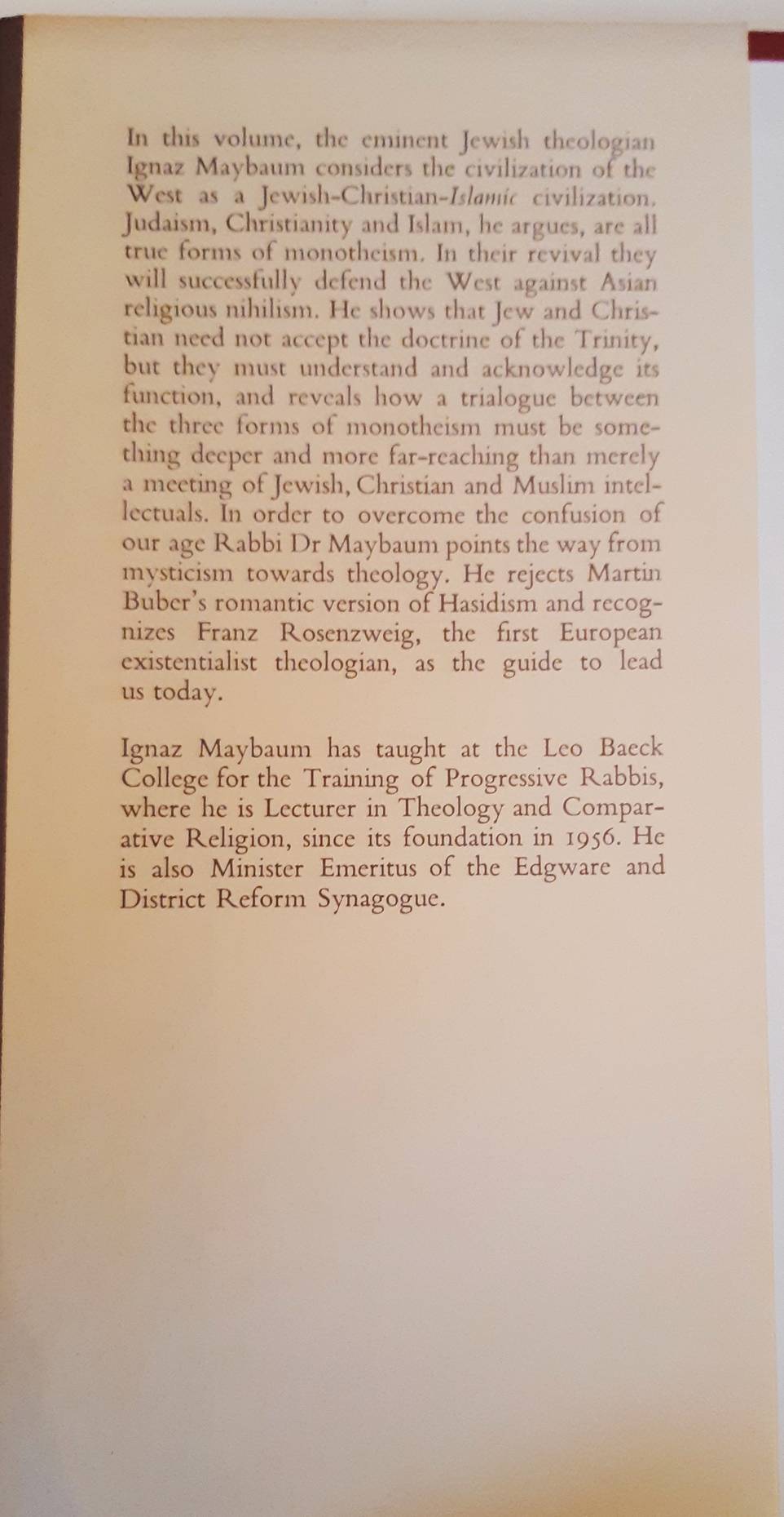 MAYBAUM, IGNAZ. Trialogue between Jew, Christian and Muslim. (The Littman Library of Jewish Civilization).