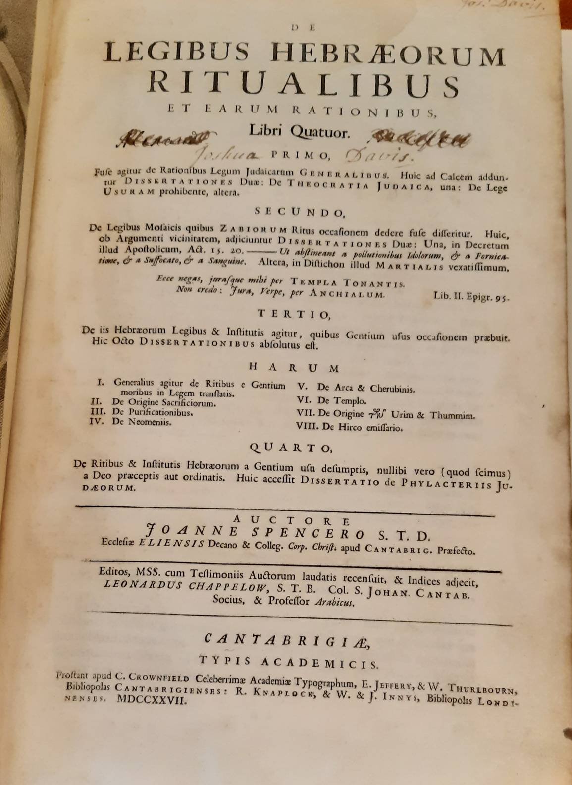 SPENCER, JOHN (1630-1693). De legibus Hebraeorum ritualibus et earum rationibus. Libri Quatuor.