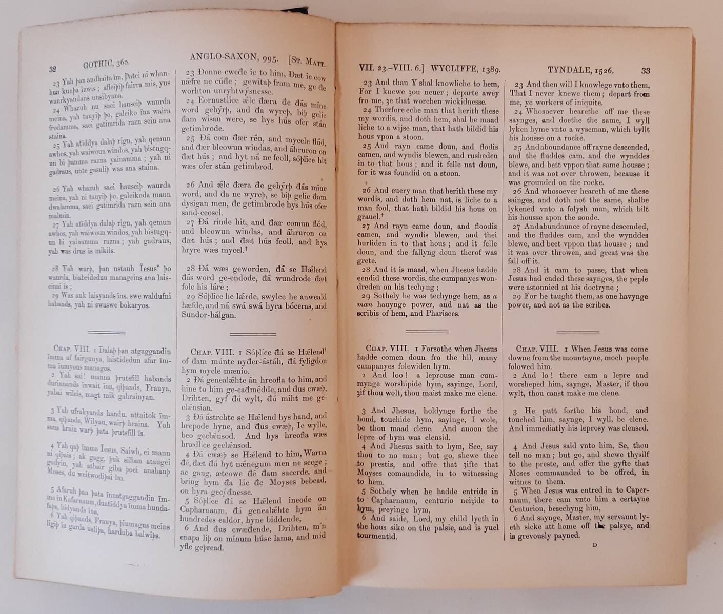 BOSWORTH, JOSEPH. The Gospels. Gothic, Anglo-Saxon, Wycliffe and Tyndale Versions arranged in parallel columns with preface and notes by Joseph Bosworth, assisted by George Waring. Fourth edition.